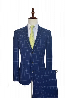 New Arrival Deep Blue Grid Wool Peak Lapel Custom Made Suit UK | Single Breasted Two Button Unique UK Wedding Suit For Bestman